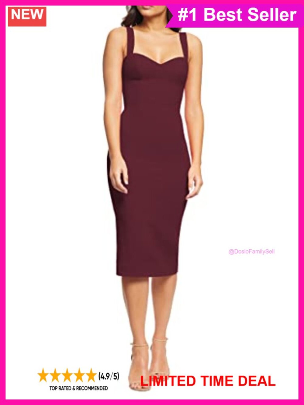 Fitted Sleeveless Sweetheart Neck Bodycon Midi Dress with Back Slit